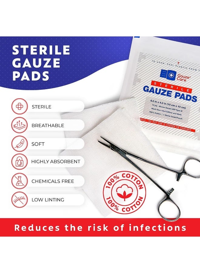 Gauze Care 100pc Large Sterile Pads 4x4 Sterile for Wounds Bulk - 12ply Woven Sponges 4x4 Sterile - USP IV Breathable Mesh 4x4 Pads Sterile for Enhanced Absorption - First Aid Medical - Image 2